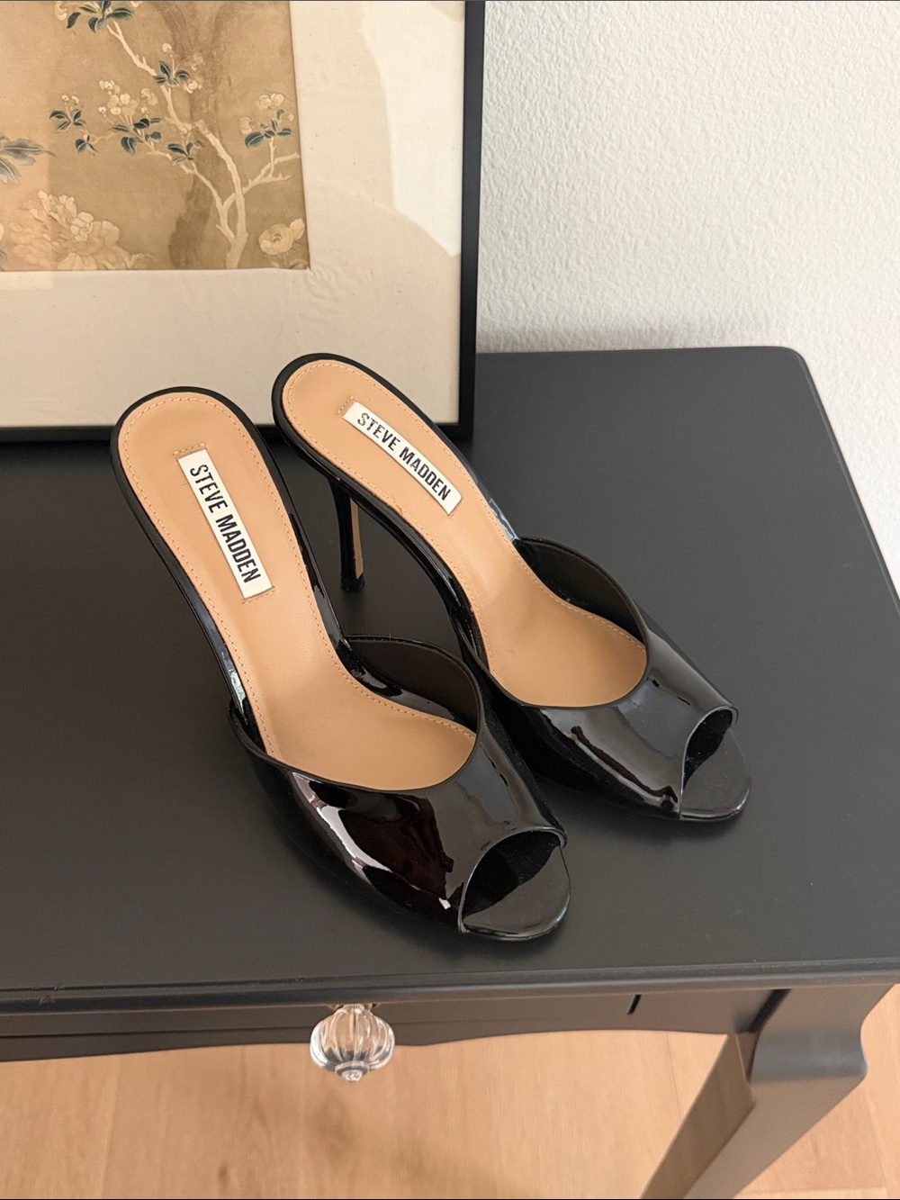 Steve Madden Black Patent Peep-Toe Mule Stiletto Heels